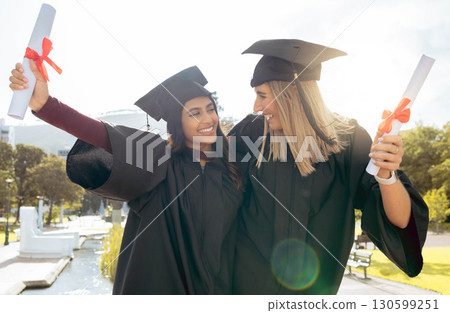 Graduation, celebration and friends with diploma, success and pride. Happy women, graduate students and certificate of study goals, target award and smile of education, motivation and winning outdoor 130599251