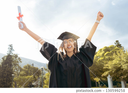 Graduation event, portrait and happy woman celebrate achievement, success and smile. Excited graduate, education certificate and celebration of university goals, learning award and student motivation Graduation event, portrait and happy woman celebrate achievement, success and smile. Excited graduate, education certificate and celebration of university goals, learning award and student motivation 130599258
