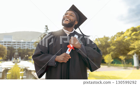 Student graduation, black man and thinking of success, achievement or goals at outdoor college event. Happy graduate, education award and future mission, dream and motivation of degree, hope or pride 130599292