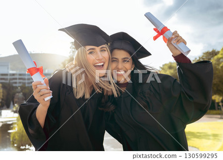 Certificate, friends and graduation portrait of women hug together at college celebration. Diploma success, happiness and excited people with school, education and university student achievement Certificate, friends and graduation portrait of women hug together at college celebration. Diploma success, happiness and excited people with school, education and university student achievement 130599295