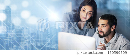 Team work, crm or manager with a consultant in a call center helping, talking or networking online. Overlay, woman or insurance agent in communication at customer services or sales technical support Team work, crm or manager with a consultant in a call center helping, talking or networking online. Overlay, woman or insurance agent in communication at customer services or sales technical support 130599309