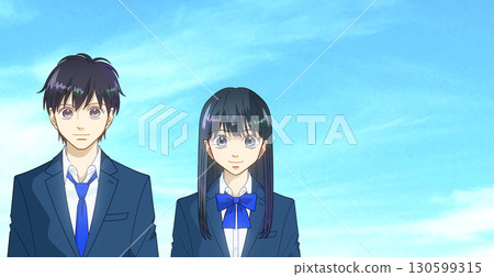 廣闊的藍天,高中或初中男孩和女孩的動漫風格插圖,右側有空白 廣闊的藍天,高中或初中男孩和女孩的動漫風格插圖,右側有空白 130599315