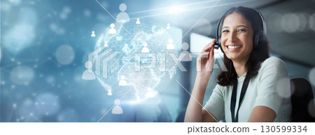 Portrait, overlay or telemarketing agent in a call center helping, talking or networking online. Crm, happy woman or consultant in communication at customer services or sales job on Hologram mockup Portrait, overlay or telemarketing agent in a call center helping, talking or networking online. Crm, happy woman or consultant in communication at customer services or sales job on Hologram mockup 130599334