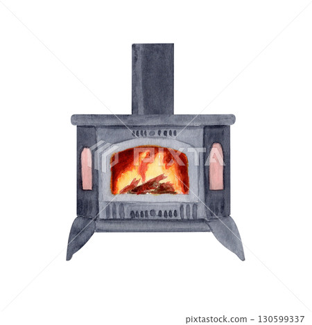 Cozy wood burning stove with bright flames inside watercolor illustration isolated on white. Perfect for winter postcards, holiday invitations, home decor, posters, seasonal social media design 130599337