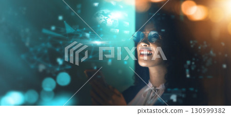 Black woman, technology overlay and phone in office for fintech, data analytics or digital job in night. Cybersecurity expert, research or happy in dark for 3d hologram abstract in programming code 130599382