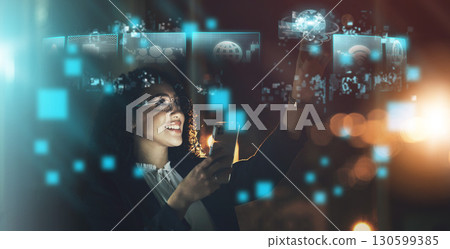 Woman, tech overlay and phone in night at office for finance research, data analytics or digital job. Cybersecurity expert, fintech or focus in dark workplace with 3d hologram abstract with happiness Woman, tech overlay and phone in night at office for finance research, data analytics or digital job. Cybersecurity expert, fintech or focus in dark workplace with 3d hologram abstract with happiness 130599385