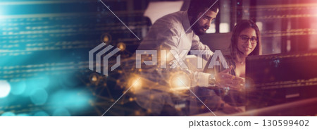 Teamwork, digital hologram and business people on computer working on software, crm database and network. Information technology, customer support and man help woman with 3d abstract for call center 130599402