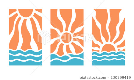 Summer sun rays and sea beach psychedelic background set. Wavy rays in boho groovy style. Abstract sun burst poster. Nature bg. 70s, 80s design. Vector illustration isolated on white background 130599419