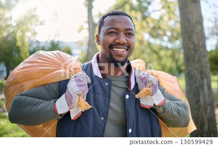 Volunteer, community service and black man cleaning park with garbage bag for a clean environment. Person helping with trash or garbage for eco friendly lifestyle and recycling outdoor in nature Volunteer, community service and black man cleaning park with garbage bag for a clean environment. Person helping with trash or garbage for eco friendly lifestyle and recycling outdoor in nature 130599429
