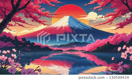 Landscape with cherry blossoms and clouds 130599439