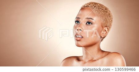 Beauty, skincare product placement and mockup, black woman in studio with luxury cosmetics promo. Natural bronze makeup, spa facial and healthy glowing skin on face of model girl on brown background. Beauty, skincare product placement and mockup, black woman in studio with luxury cosmetics promo. Natural bronze makeup, spa facial and healthy glowing skin on face of model girl on brown background. 130599466