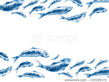 Sardine fish in horizontal template swimming in a shoal stylized watercolor illustration for fish restaurants, websites, posters, fish markets and stores Sardine fish in horizontal template swimming in a shoal stylized watercolor illustration for fish restaurants, websites, posters, fish markets and stores 130599578