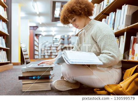 College learning, library and book reading with laptop of a black woman student on the ground. Education research, bookshelf and books of a young female looking studying for a school test or exam College learning, library and book reading with laptop of a black woman student on the ground. Education research, bookshelf and books of a young female looking studying for a school test or exam 130599579