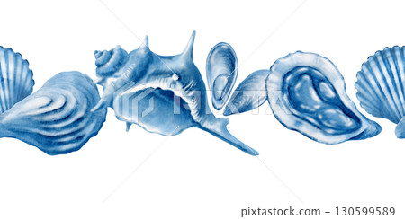 Marine seashells in seamless border:twisted spiky seashell,oyster,mussel,ribbed cemicircular seashell blue monochrome colors.Minimalism graphic in hand-drawn watecolor illustration isolated on white Marine seashells in seamless border:twisted spiky seashell,oyster,mussel,ribbed cemicircular seashell blue monochrome colors.Minimalism graphic in hand-drawn watecolor illustration isolated on white 130599589