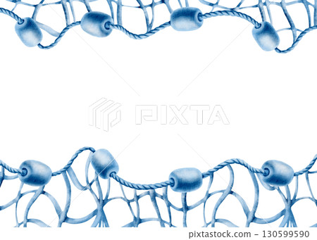 Horizontal marine template buoys made of foam on a twisted rope with a fishing net in a monochrome watercolor illustration for decorating marine-themed parties and fish restaurants.Hand-drawn clipart 130599590