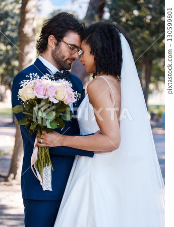 Wedding, couple and marriage outdoor with commitment, trust and love with bride and groom in park. Life partner, married man and black woman with rose bouquet, content and interracial relationship Wedding, couple and marriage outdoor with commitment, trust and love with bride and groom in park. Life partner, married man and black woman with rose bouquet, content and interracial relationship 130599801