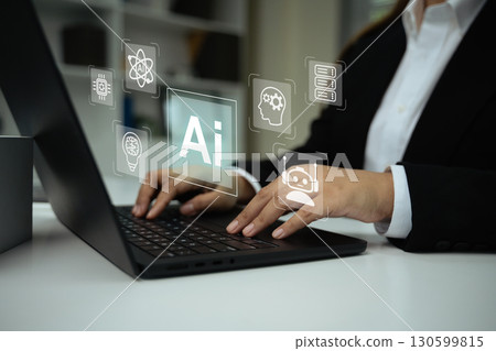 Artificial intelligence concept with holographic symbols of machine learning, automation, and big data Artificial intelligence concept with holographic symbols of machine learning, automation, and big data 130599815