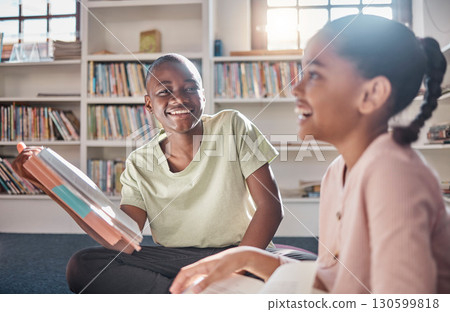 Reading books, african children or friends learning, education and creative storytelling in library group. Happy, portrait and school kid or classroom friends with English, knowledge and language Reading books, african children or friends learning, education and creative storytelling in library group. Happy, portrait and school kid or classroom friends with English, knowledge and language 130599818