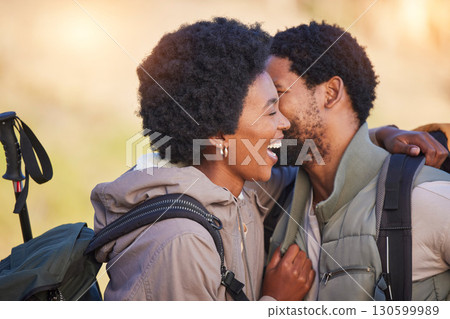 Happy couple, love and black people hiking in sunrise kissing and hugging outdoors after workout, fitness and exercise. Romantic and healthy lovers affectionate after training together in nature Happy couple, love and black people hiking in sunrise kissing and hugging outdoors after workout, fitness and exercise. Romantic and healthy lovers affectionate after training together in nature 130599989