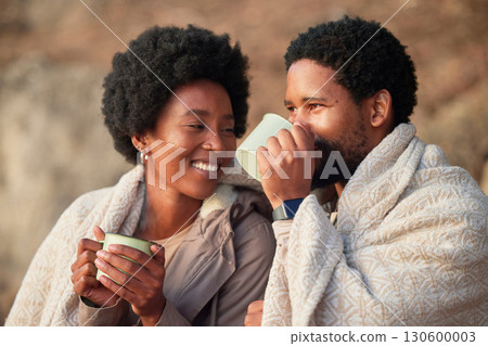 Relax, smile and camping with black couple and coffee for wake up, hiking and sunrise. Travel, calm and adventure with man and woman and blanket in nature for trekking, mountaineering and discovery 130600003