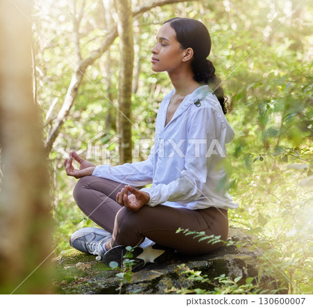 Zen, meditation and woman in nature or forest calm in peace, spiritual and doing yoga for awareness and faith. Mindful, woods and female person relax in green trees for wellness and health lifestyle Zen, meditation and woman in nature or forest calm in peace, spiritual and doing yoga for awareness and faith. Mindful, woods and female person relax in green trees for wellness and health lifestyle 130600007