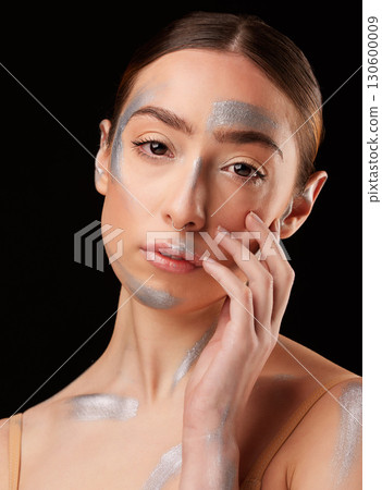 Beauty portrait, art and woman isolated on dark background for creative artist, cosmetics and face paint. Young model or person headshot in silver, glitter or makeup on skin for creativity in studio 130600009