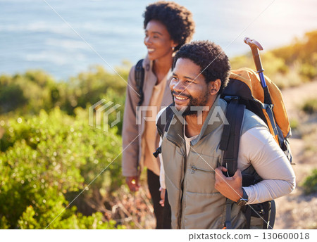 Mountain, happy or couple of friends hiking in nature for exercise, workout or training on summer holiday. Travel, black woman and African partner trekking or walking to hill on outdoor adventure Mountain, happy or couple of friends hiking in nature for exercise, workout or training on summer holiday. Travel, black woman and African partner trekking or walking to hill on outdoor adventure 130600018