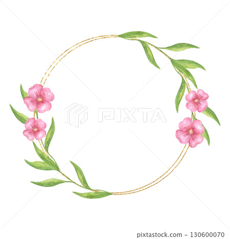Flower wreath with pink flowers and greenery. Watercolor round frame with gold texture. Ready-made design with delicate wildflowers. Frame with meadow flowers for greeting cards, wedding invitations. 130600070