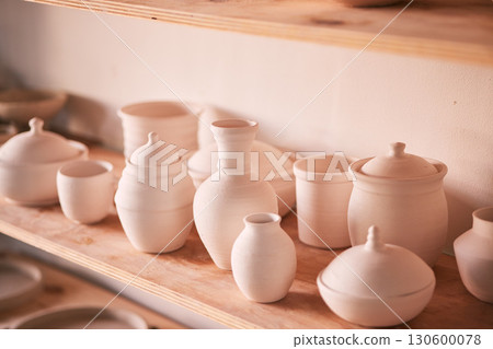 Pottery background, creativity and shelf in studio, creative store or manufacturing startup. Clay design, collection and display in workshop, small business and retail craft shop of stock production 130600078