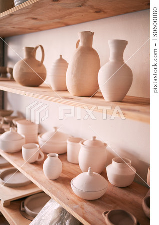 Backgrounds, shelf and pottery in creative workshop, store and manufacturing startup. Ceramics, collection and display in studio, small business and retail craft market, shop and stock production 130600080