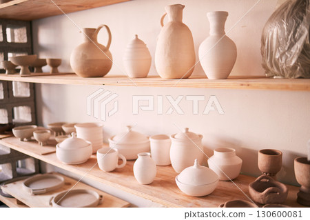 Ceramics, dishes and pottery on shelf in studio, creative store and manufacturing startup. Clay products, background and shelves in workshop, small business and retail craft shop of stock production Ceramics, dishes and pottery on shelf in studio, creative store and manufacturing startup. Clay products, background and shelves in workshop, small business and retail craft shop of stock production 130600081