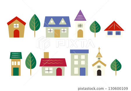 House, building and tree icon set illustration material 130600109