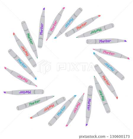 Colorful markers arranged in circular wreath shape with text on each pen 130600173