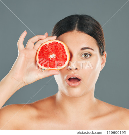 Skincare woman with grapefruit portrait or wow face for health wellness, aesthetic or facial product. Healthy vitamin C, healthcare or nutrition with beauty, luxury or food in hand of model in studio Skincare woman with grapefruit portrait or wow face for health wellness, aesthetic or facial product. Healthy vitamin C, healthcare or nutrition with beauty, luxury or food in hand of model in studio 130600195