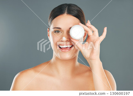 Woman apply cream for face with happiness and beauty portrait, skincare and moisturizer isolated on studio background. Sunscreen, lotion and healthy skin glow, wellness and facial treatment product Woman apply cream for face with happiness and beauty portrait, skincare and moisturizer isolated on studio background. Sunscreen, lotion and healthy skin glow, wellness and facial treatment product 130600197