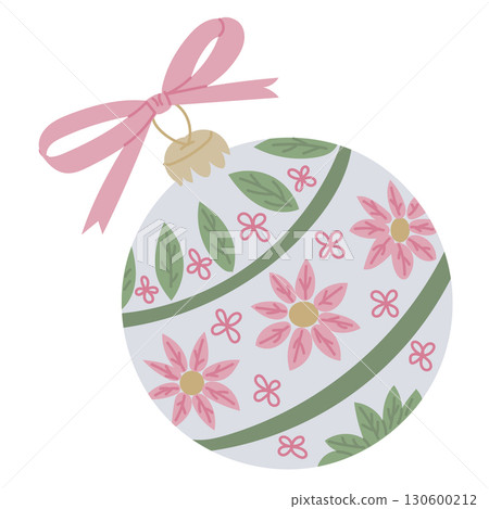 Decorative Christmas ornament with pink flowers, green leaves and a bow on top Decorative Christmas ornament with pink flowers, green leaves and a bow on top 130600212
