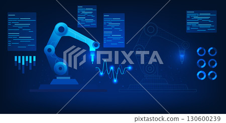Digital twin technology illustration with robotic arm and its holographic twin model, symbolizing smart manufacturing, AI simulation, and Industry 4.0 innovation 130600239