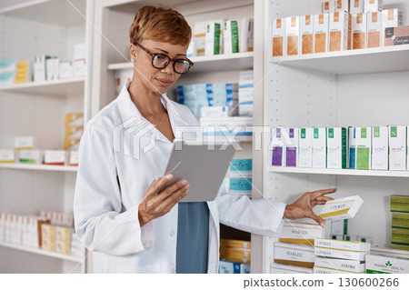 Tablet, pharmacy woman and medicine shelf to check inventory and product information search. Pharmacist person Pharma app in clinic or shop for pharmaceutical, medical and health care consultation 130600266