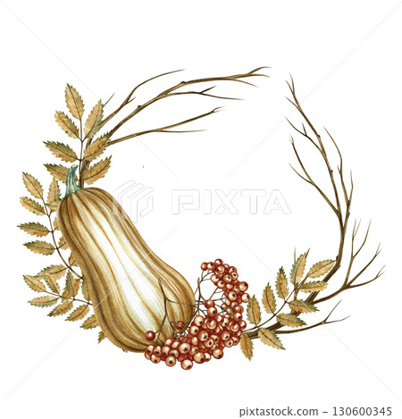 Round autumn composition with pumpkin and mountain ash. Hand-drawn watercolor illustration. For greeting and invitation cards, posters and prints. For packaging and labels, autumn holidays decoration. Round autumn composition with pumpkin and mountain ash. Hand-drawn watercolor illustration. For greeting and invitation cards, posters and prints. For packaging and labels, autumn holidays decoration. 130600345