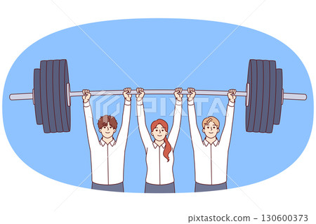 Teamwork of group of business people lifting heavy barbell together to achieve corporate goal 130600373