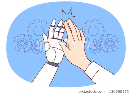 Collaboration man and AI robot making high-five gesture after successfully completed task Collaboration man and AI robot making high-five gesture after successfully completed task 130600375