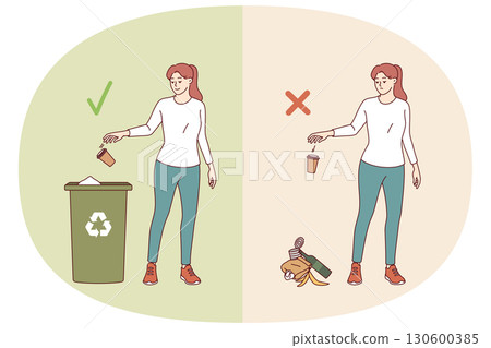 Woman throwing garbage on ground or in trash can demonstrates right and wrong behavior 130600385