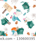 Watercolor seamless pattern with witch cauldrons, hats, potions and pumpkins . Hand drawn composition isolated from the background. For Halloween decor, wrapping paper, textiles, and stationery 130600395