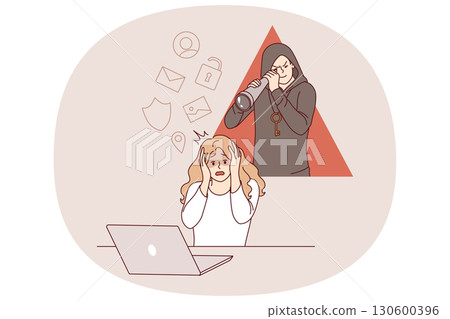Cyber stalker follows woman using laptop, clutching head due to theft of confidential information Cyber stalker follows woman using laptop, clutching head due to theft of confidential information 130600396