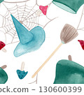 Watercolor seamless pattern witch cauldrons, hats, potions, broomstick and spiderweb. Hand drawn composition isolated from the background. Halloween decor, wrapping paper, textiles, and stationery 130600399