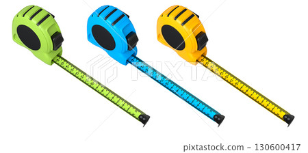 Set of measuring tapes in green, blue, and yellow with extended rulers, isolated on white background with clipping path Set of measuring tapes in green, blue, and yellow with extended rulers, isolated on white background with clipping path 130600417