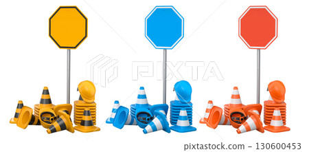Construction hard hats, traffic cones, and road signs isolated on white background with clipping path, concept of safety gear 130600453