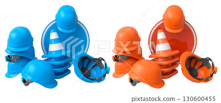 Stack of construction helmets and traffic cones isolated white background with clipping path, representing safety equipment Stack of construction helmets and traffic cones isolated white background with clipping path, representing safety equipment 130600455