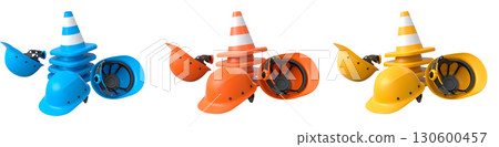 Stack of construction helmets and traffic cones isolated white background with clipping path, representing safety equipment 130600457