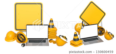 Laptops with blank screens surrounded by construction helmets, cones and warning signs on white background with clipping path 130600459